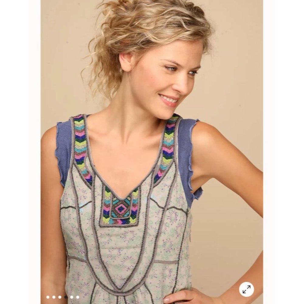 Free People Pale Mint Embroidered Tunic with Purple Trim - Picture 3 of 13